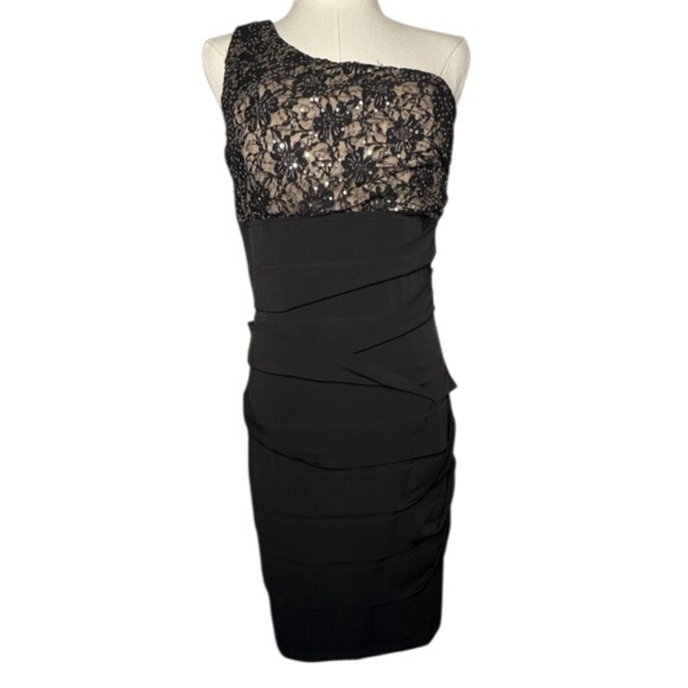 CITY TRIANGLES Black Lace One Shoulder Dress Ruched Bodycon Women's Large